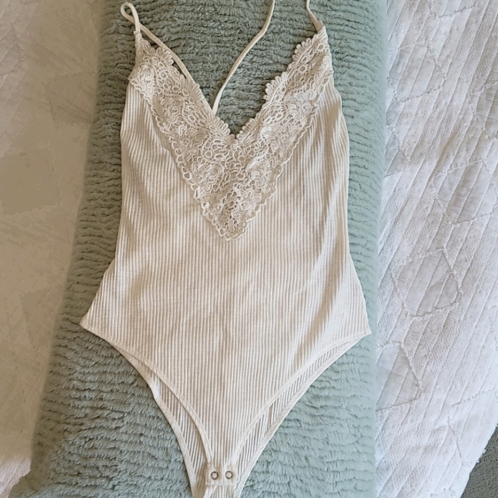 Bright White Lace Ribbed Bodysuit